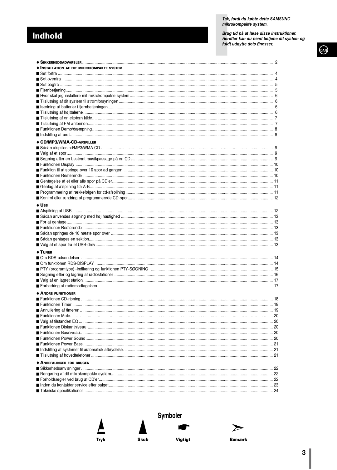 Samsung MM-C330/XEE manual Indhold, Cd/MP3/WMA-cd-afspiller, Tryk Skub Vigtigt Bemærk 