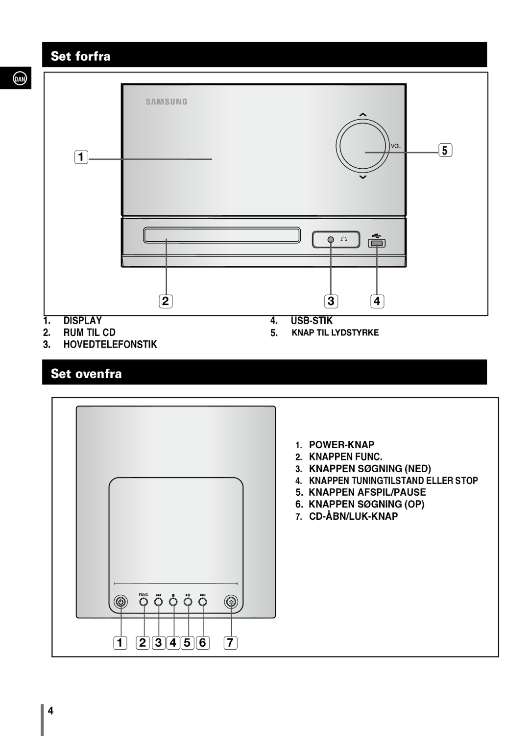 Samsung MM-C330/XEE manual Set forfra, Set ovenfra 