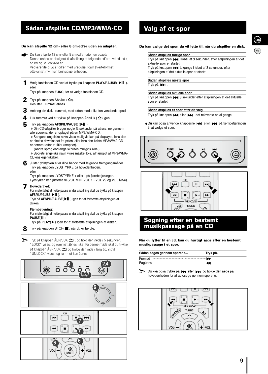 Samsung MM-C330/XEE manual Valg af et spor, Sådan afspilles CD/MP3/WMA-CD, Søgning efter en bestemt musikpassage på en CD 