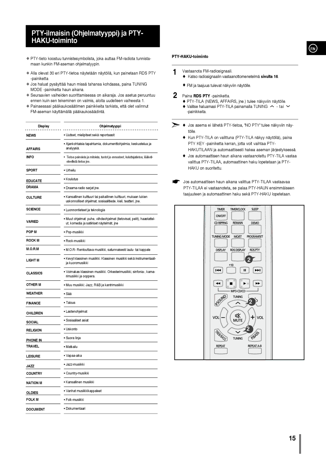 Samsung MM-C330/XEE manual PTY-ilmaisin Ohjelmatyyppi ja PTY- HAKU-toiminto, PTY-HAKU-toiminto 