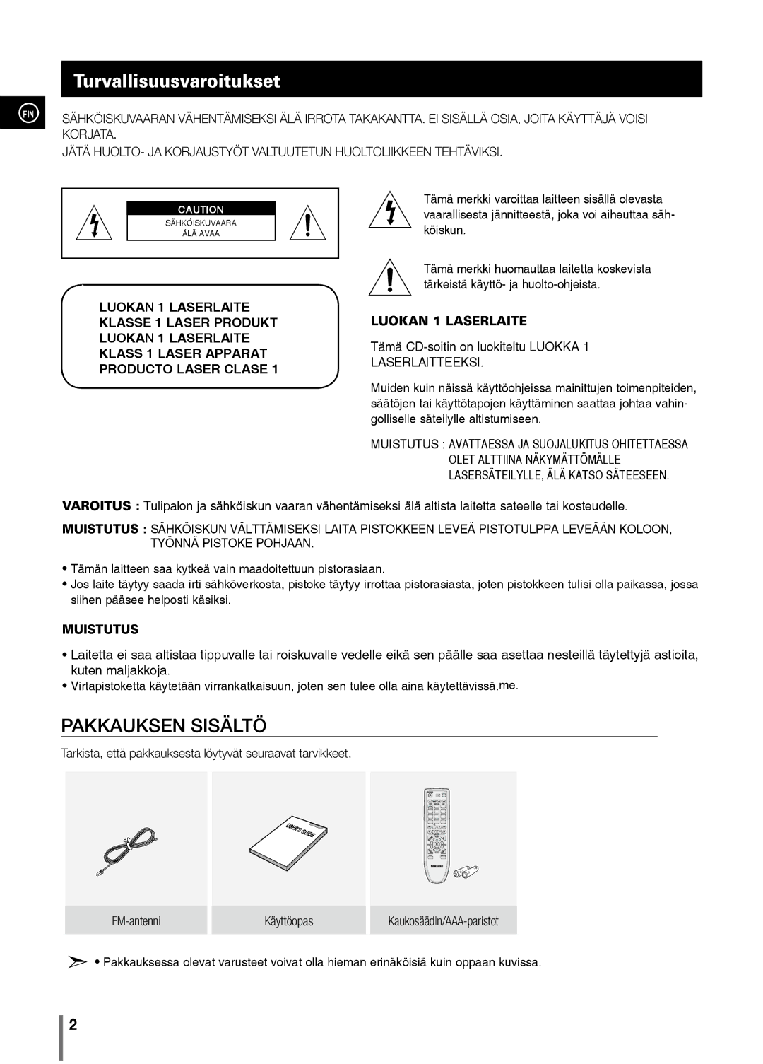 Samsung MM-C330/XEE manual Turvallisuusvaroitukset, Luokan 1 Laserlaite 