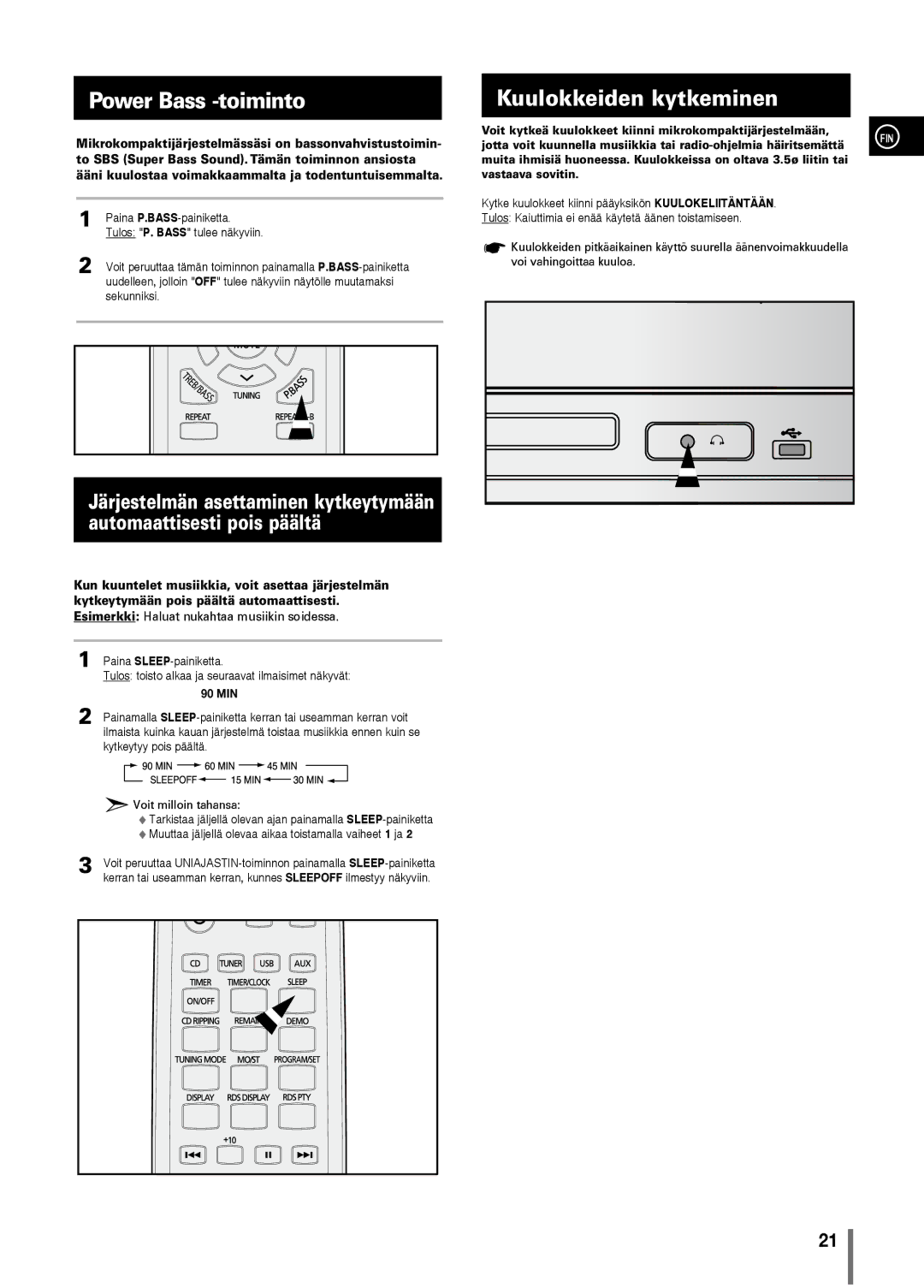 Samsung MM-C330/XEE manual Power Bass -toiminto, Kuulokkeiden kytkeminen, 90 MIN 