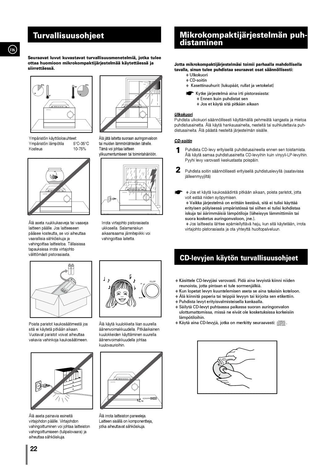 Samsung MM-C330/XEE Turvallisuusohjeet, Mikrokompaktijärjestelmän puh- distaminen, CD-levyjen käytön turvallisuusohjeet 