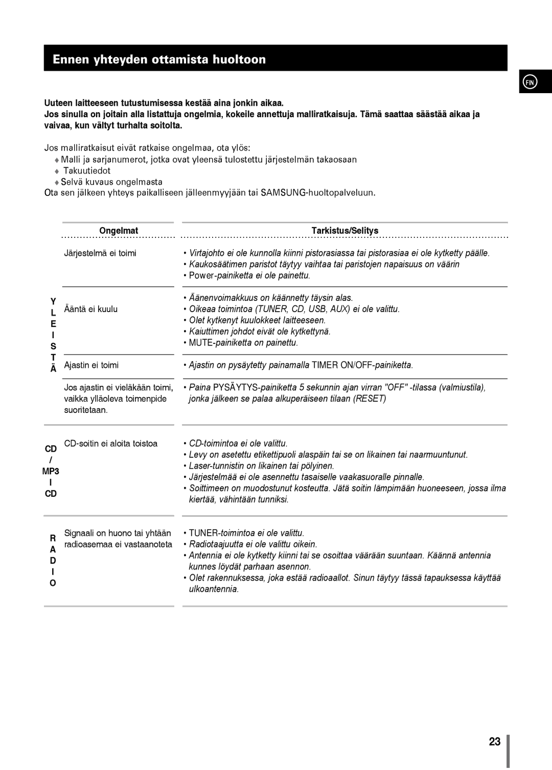 Samsung MM-C330/XEE manual Ennen yhteyden ottamista huoltoon, Ongelmat Tarkistus/Selitys Järjestelmä ei toimi 