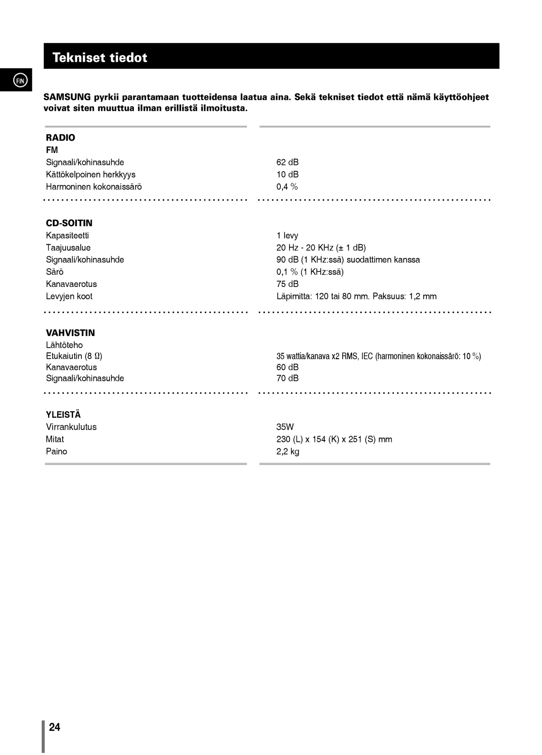 Samsung MM-C330/XEE manual Tekniset tiedot, Wattia/kanava x2 RMS, IEC harmoninen kokonaissärö 10 % 