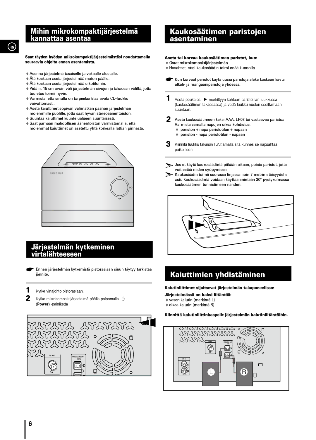 Samsung MM-C330/XEE manual Mihin mikrokompaktijärjestelmä kannattaa asentaa, Kaukosäätimen paristojen asentaminen 