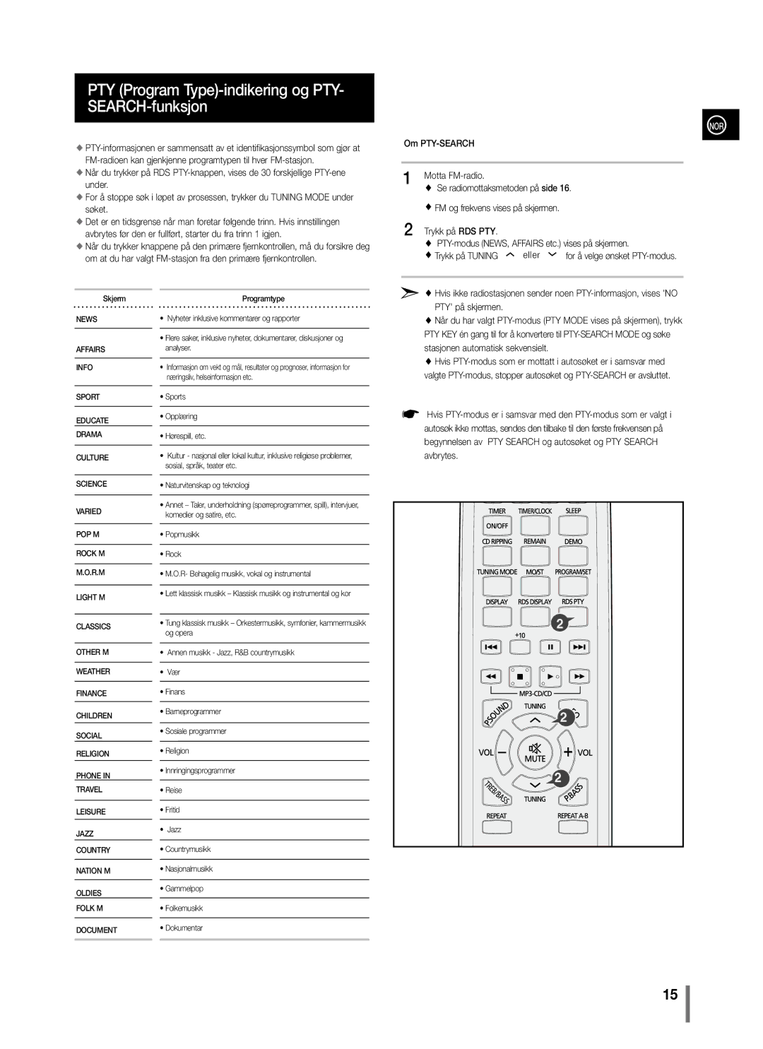 Samsung MM-C330/XEE manual PTY Program Type-indikering og PTY- SEARCH-funksjon, Om PTY-SEARCH Motta FM-radio 