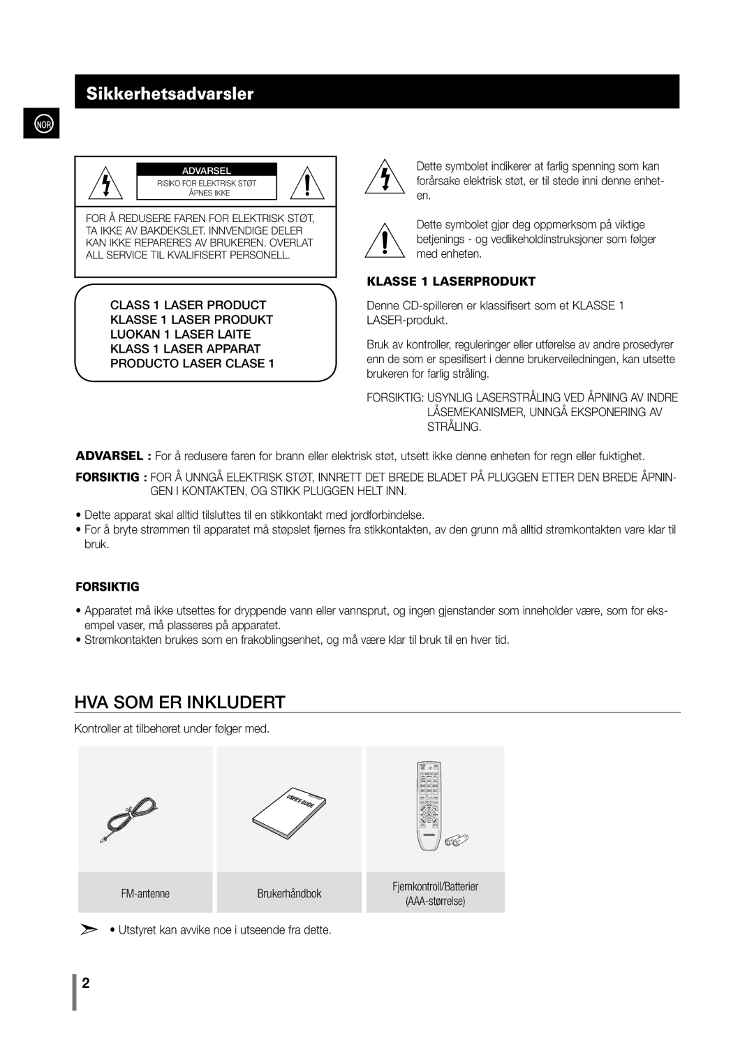 Samsung MM-C330/XEE manual Sikkerhetsadvarsler, Brukerhåndbok 