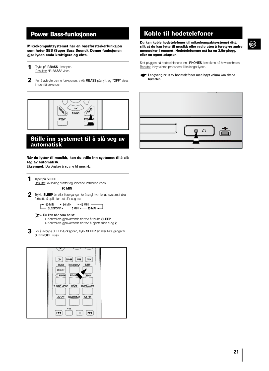 Samsung MM-C330/XEE manual Power Bass-funksjonen, Koble til hodetelefoner, Stille inn systemet til å slå seg av automatisk 