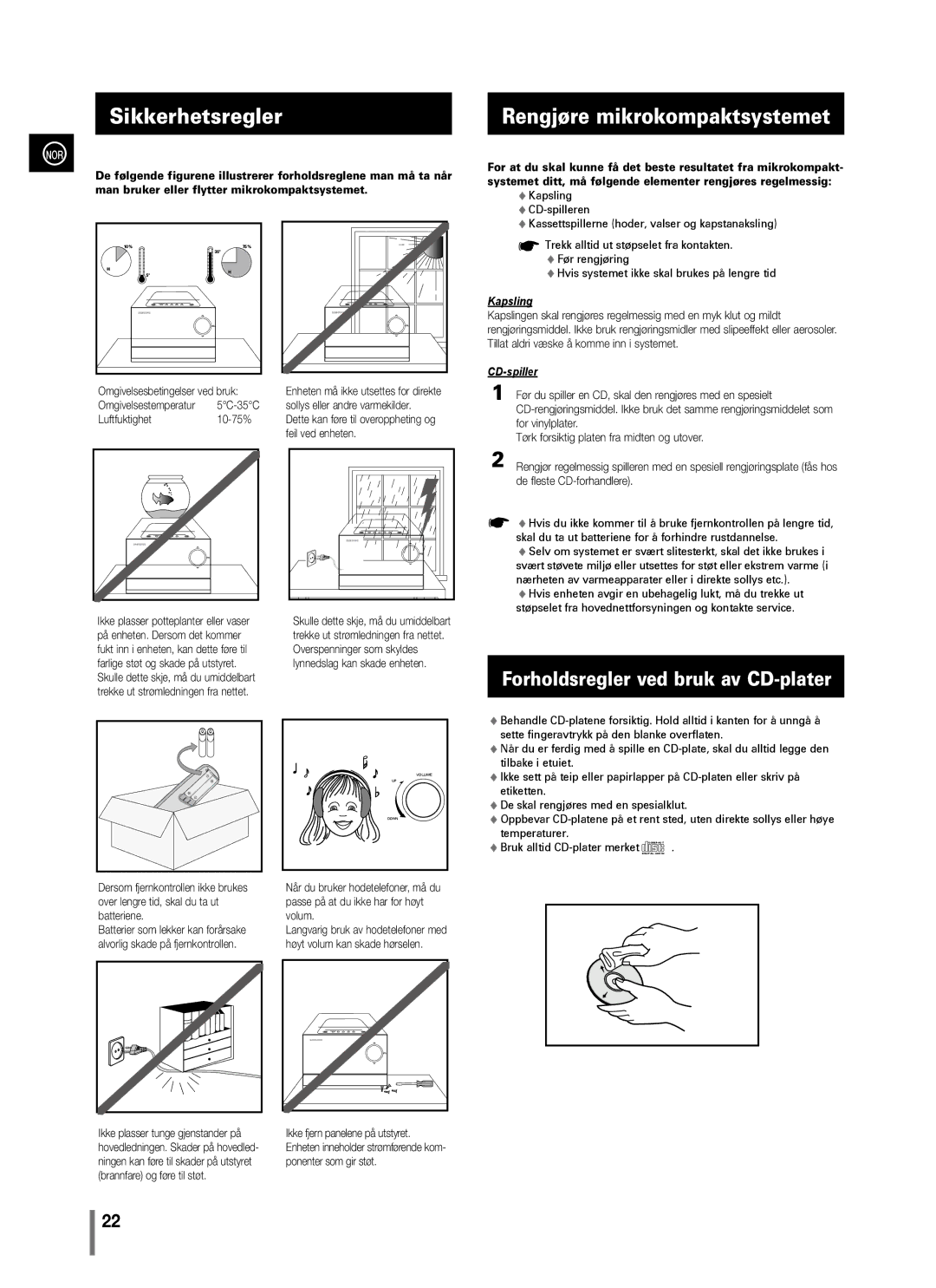 Samsung MM-C330/XEE manual Sikkerhetsregler, Rengjøre mikrokompaktsystemet, Forholdsregler ved bruk av CD-plater 