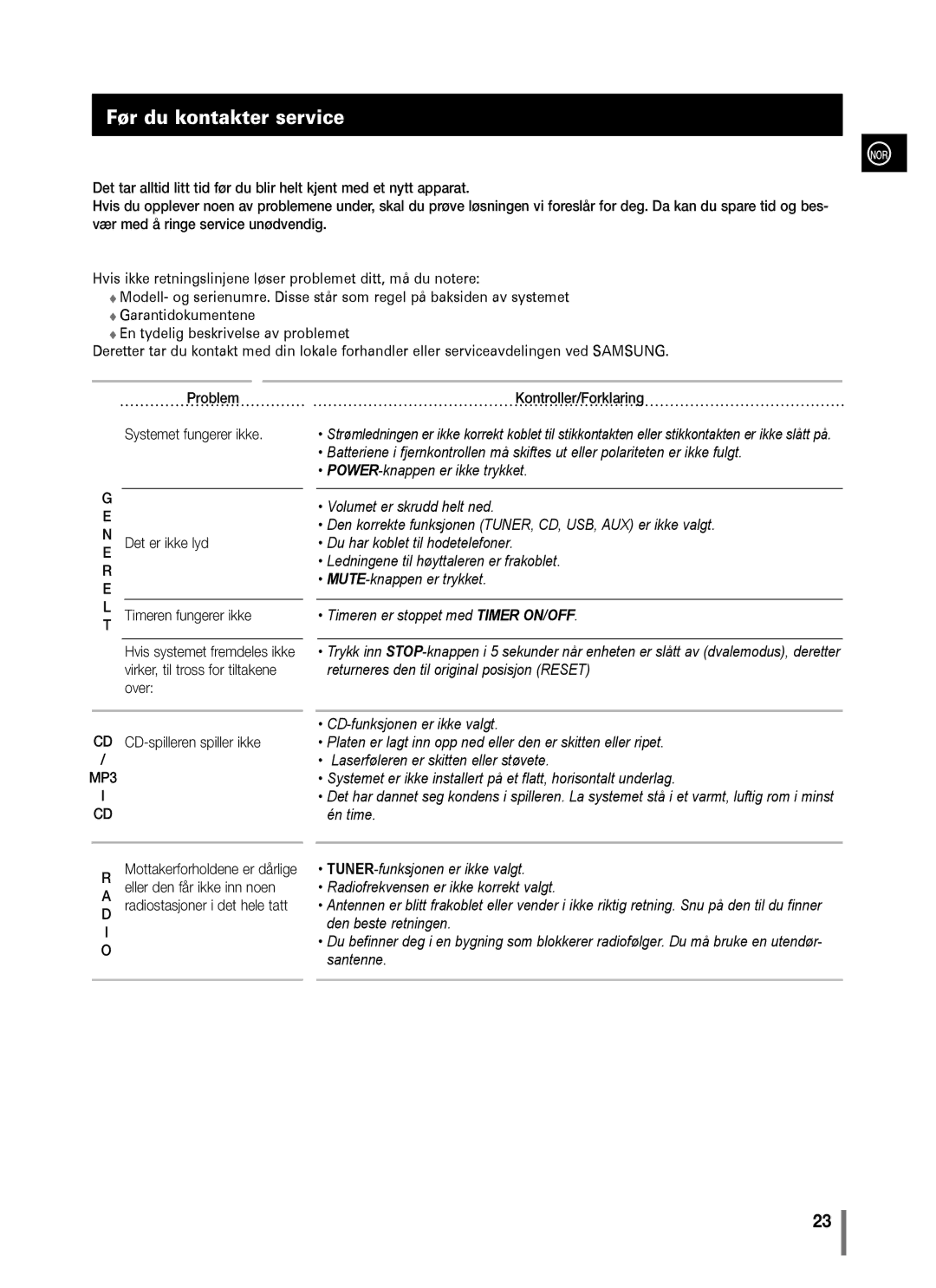 Samsung MM-C330/XEE manual Før du kontakter service, MP3 