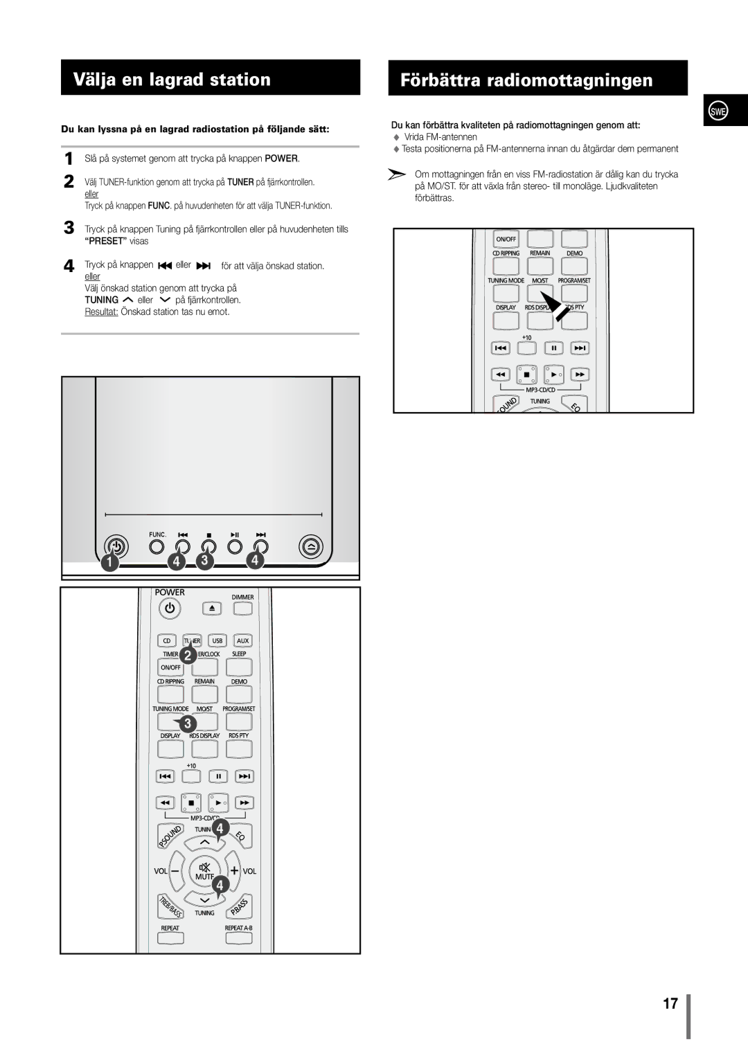 Samsung MM-C330/XEE manual Välja en lagrad station, Förbättra radiomottagningen 