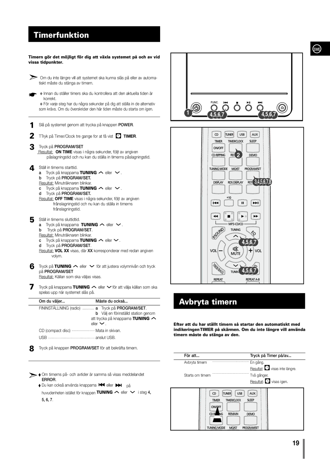 Samsung MM-C330/XEE manual Timerfunktion, Avbryta timern 