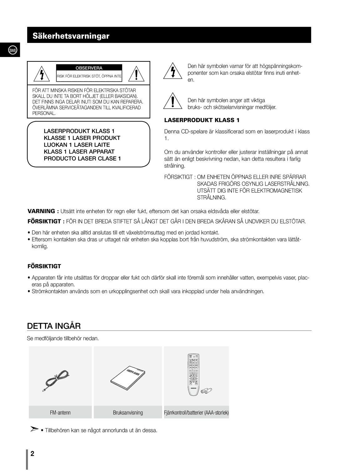 Samsung MM-C330/XEE manual Säkerhetsvarningar, SWE Observera 