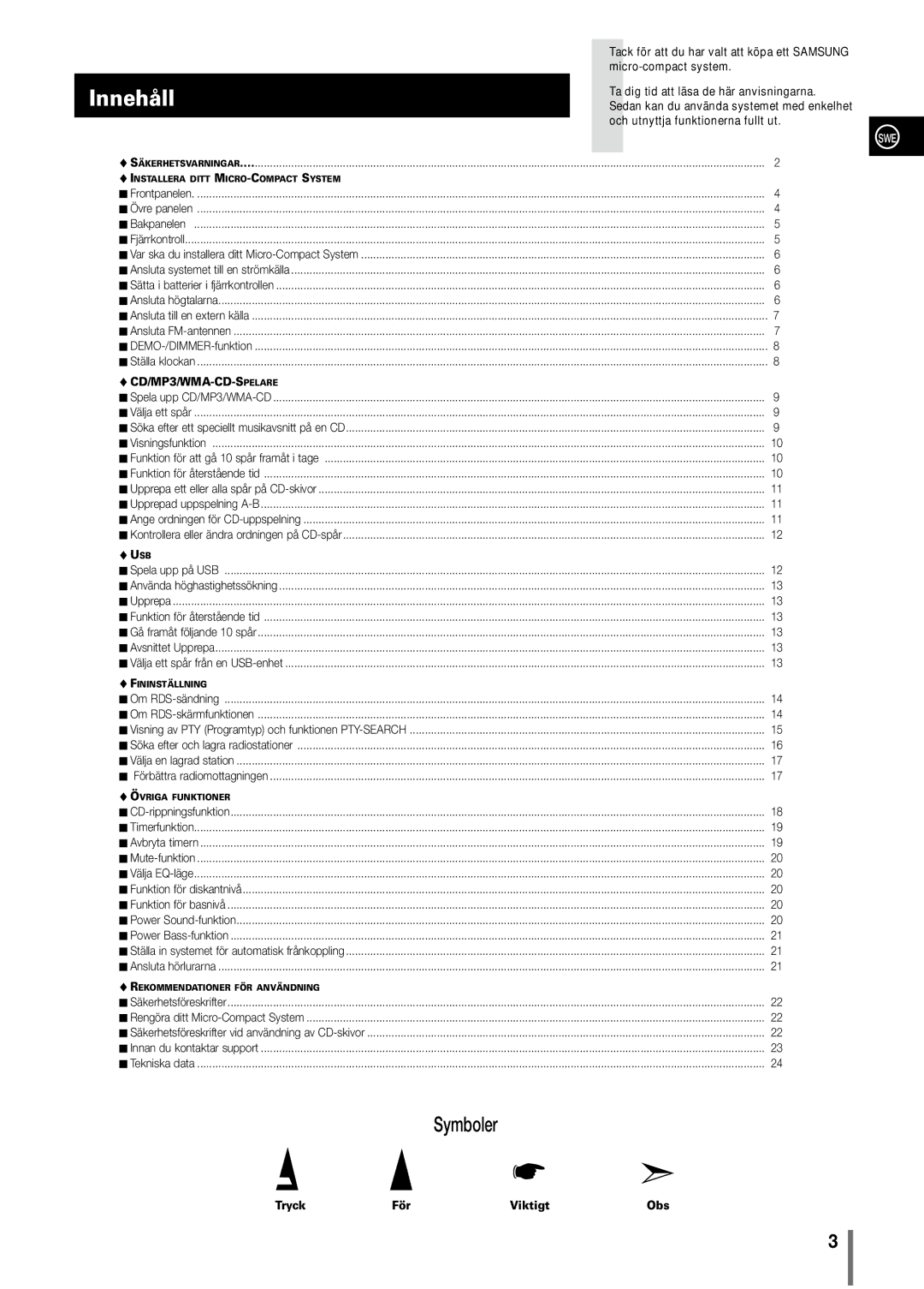 Samsung MM-C330/XEE manual Innehåll, CD/MP3/WMA-CD-Spelare, Tryck För Viktigt Obs 