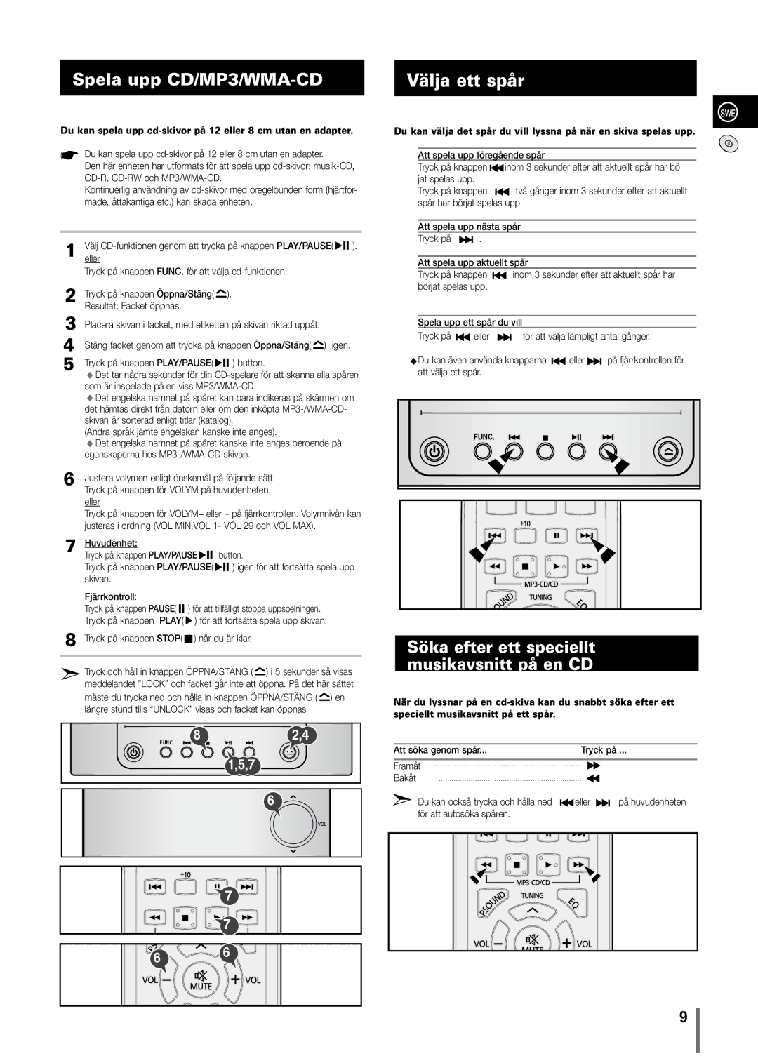 Samsung MM-C330/XEE manual Välja ett spår, Spela upp CD/MP3/WMA-CD, Söka efter ett speciellt musikavsnitt på en CD 