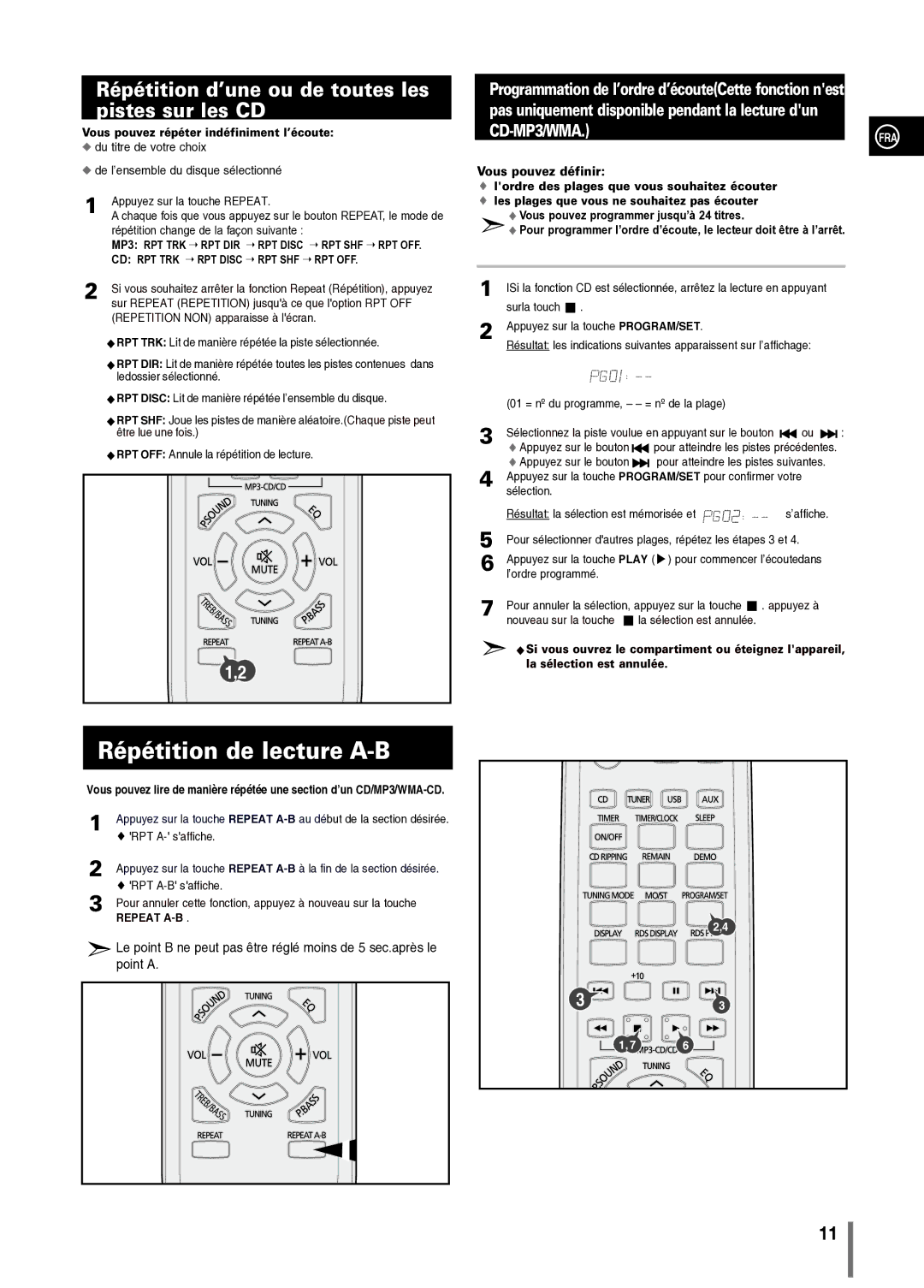 Samsung MM-C330/XEF manual Répétition d’une ou de toutes les pistes sur les CD, Vous pouvez répéter indéfiniment l’écoute 