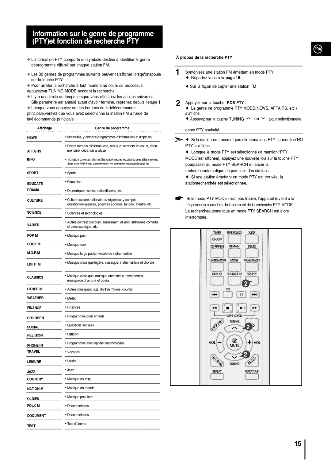 Samsung MM-C330/XEF manual Propos de la recherche PTY, Syntonisez une station FM émettant en mode PTY 