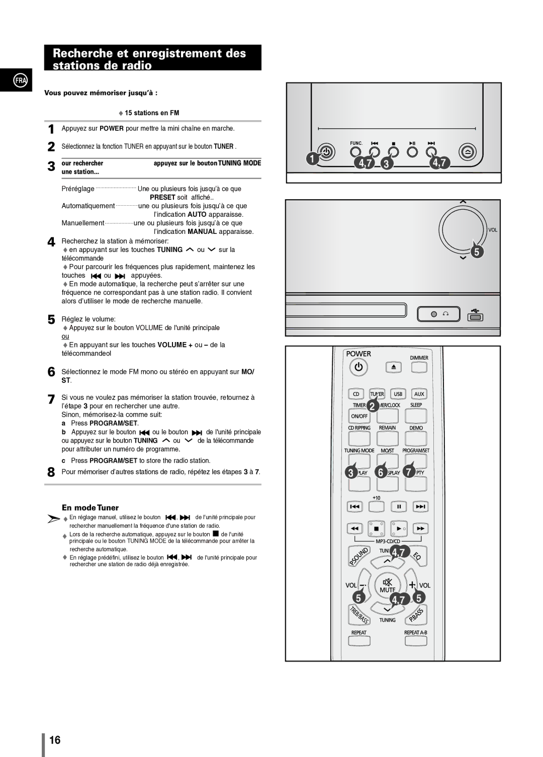 Samsung MM-C330/XEF manual Recherche et enregistrement des stations de radio, Vous pouvez mémoriser jusqu’à Stations en FM 