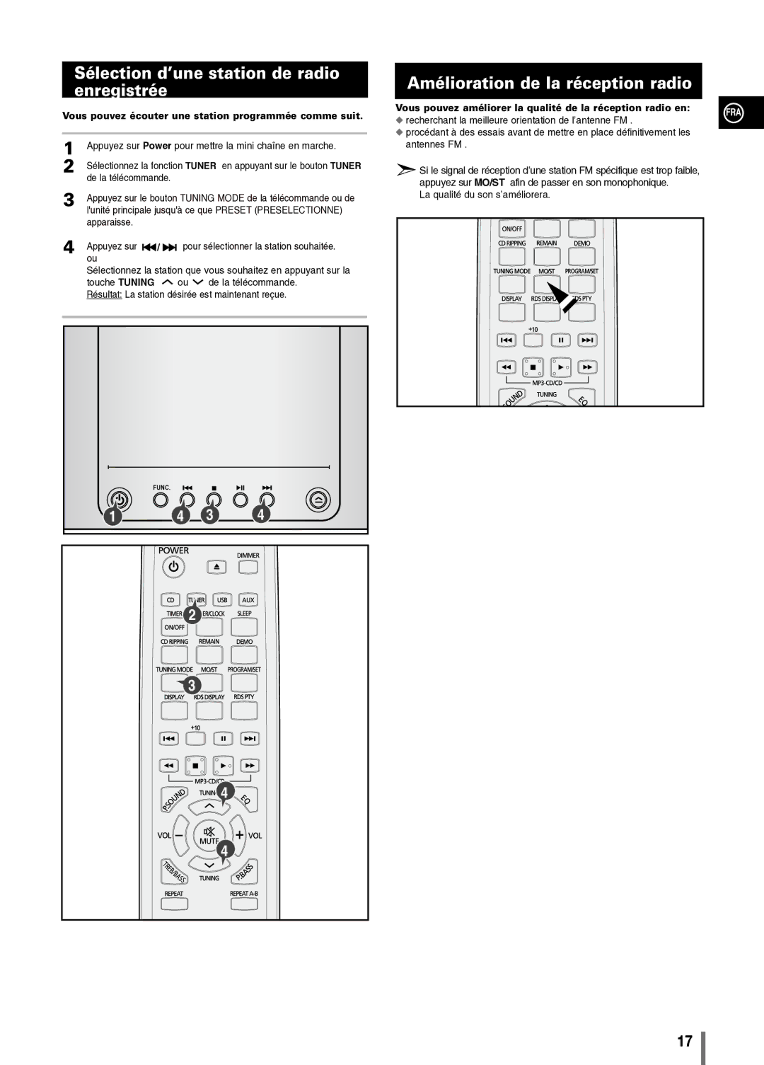 Samsung MM-C330/XEF manual Sélection d’une station de radio enregistrée, Amélioration de la réception radio 