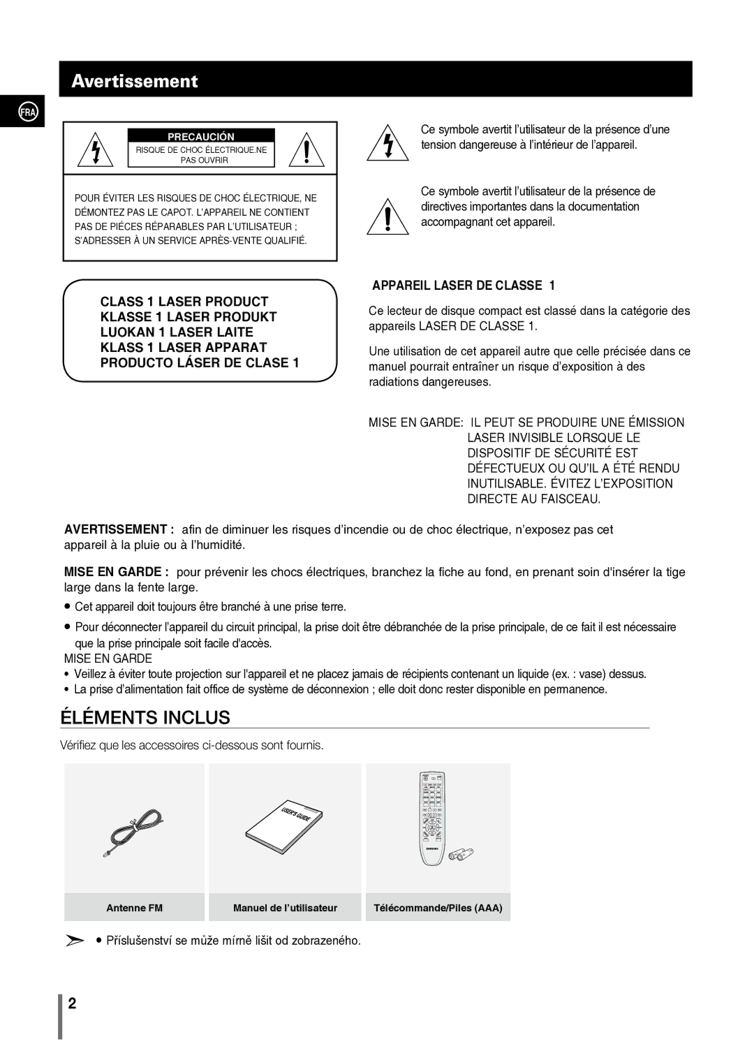 Samsung MM-C330/XEF manual Avertissement, Antenne FM, Télécommande/Piles AAA 