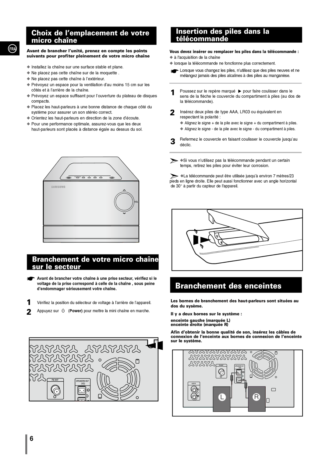 Samsung MM-C330/XEF manual Branchement des enceintes, Choix de l’emplacement de votre micro chaîne 