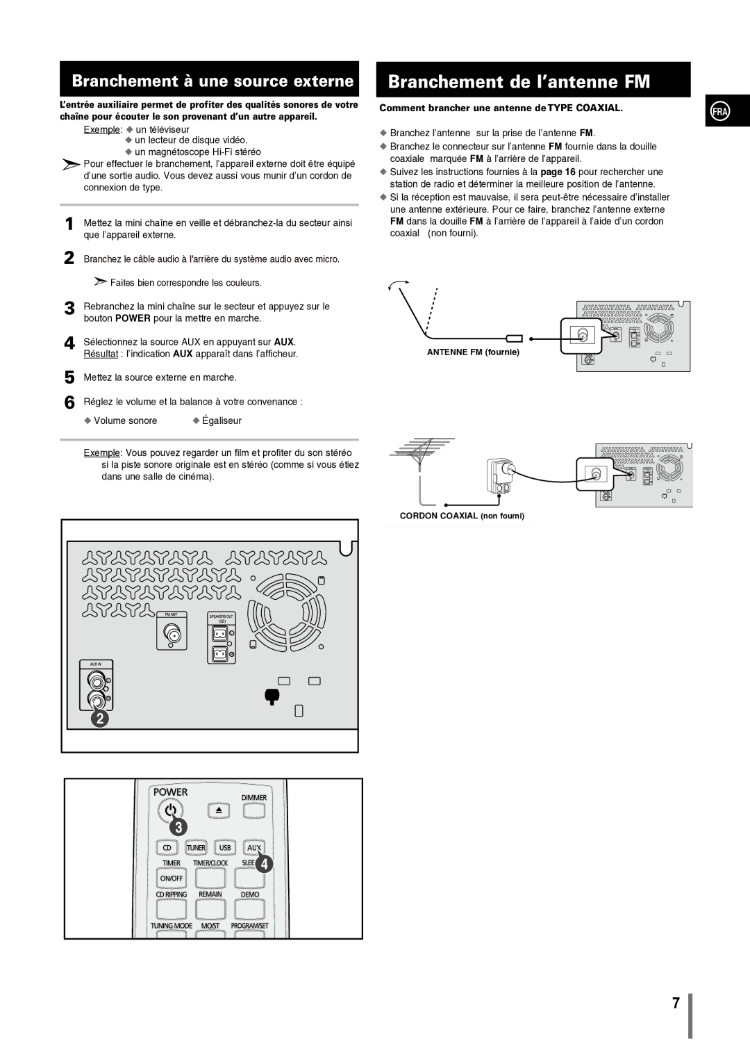 Samsung MM-C330/XEF manual Branchement de l’antenne FM, Branchement à une source externe 