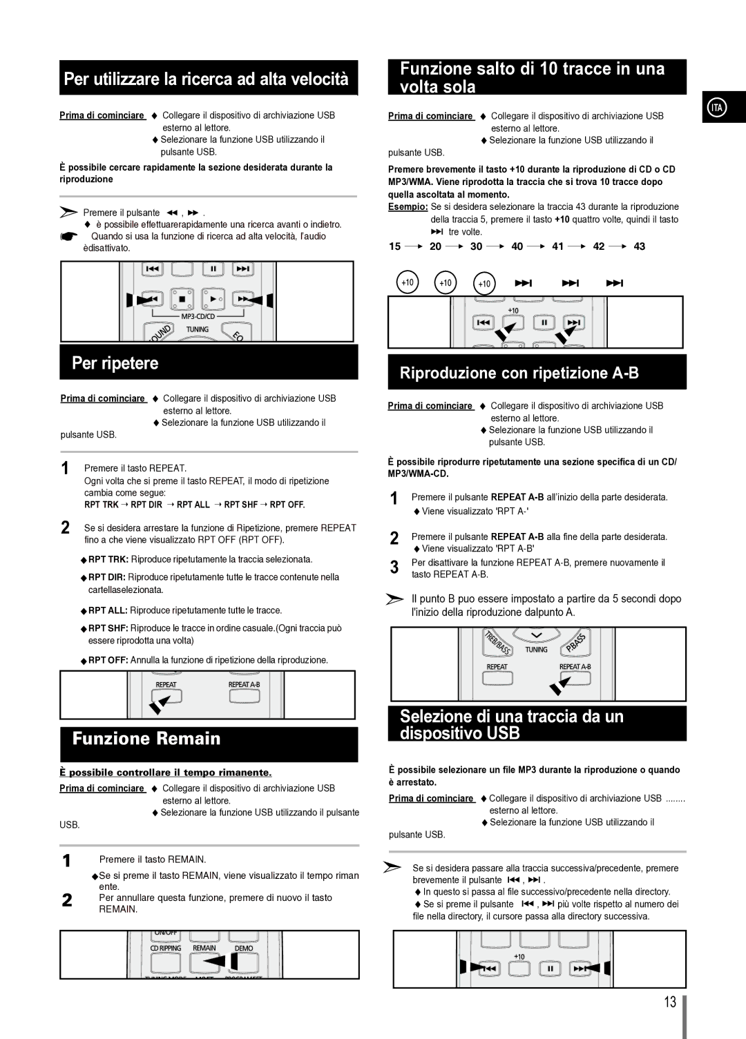 Samsung MM-C330/XEF manual Per ripetere, Selezione di una traccia da un dispositivo USB, Premere il pulsante 