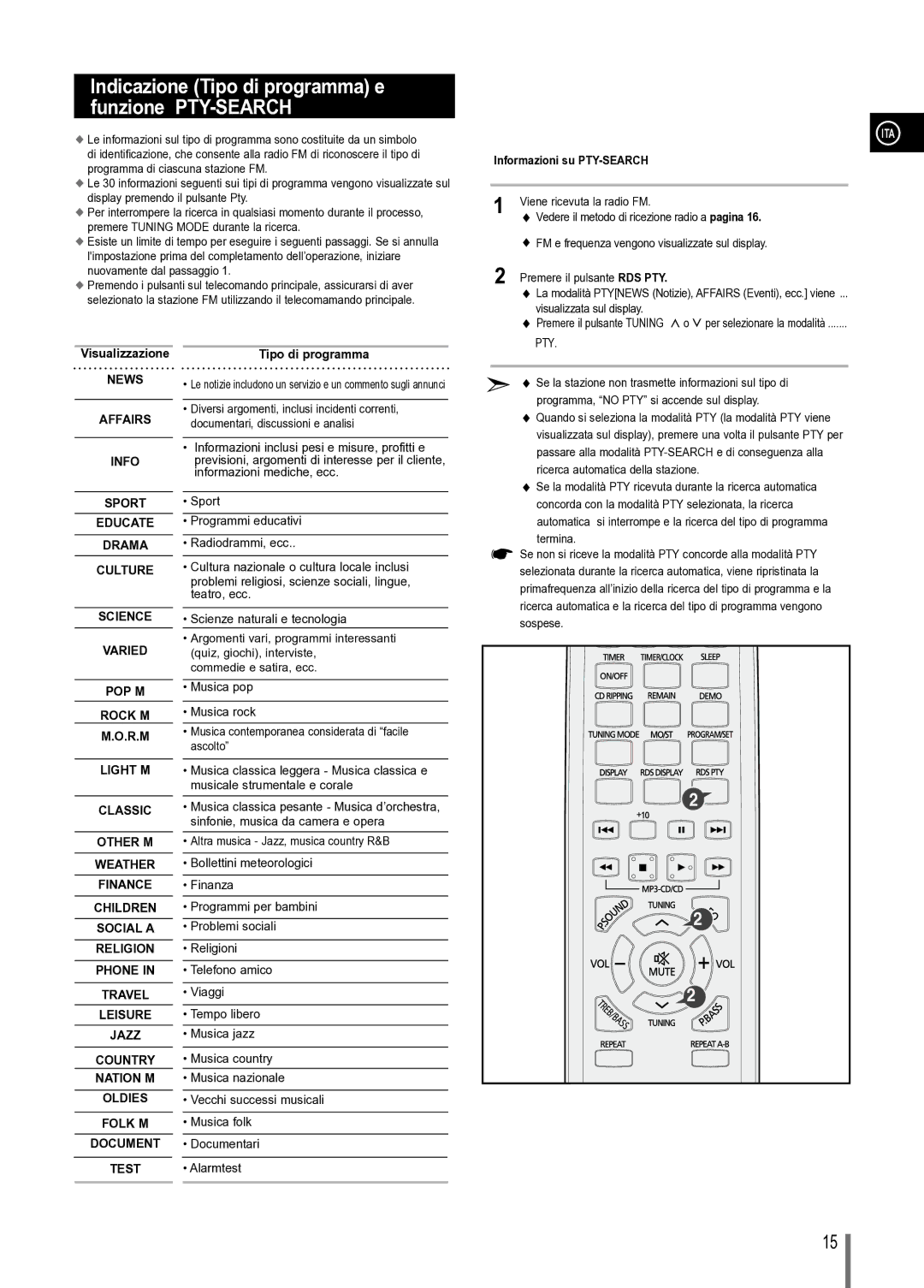 Samsung MM-C330/XEF manual Informazioni su PTY-SEARCH, Visualizzazione, Tipo di programma 