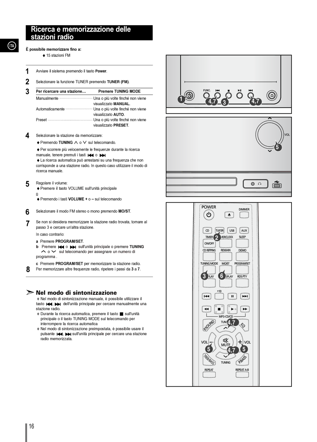 Samsung MM-C330/XEF manual Ricerca e memorizzazione delle, Stazioni radio, Premere Tuning Mode 