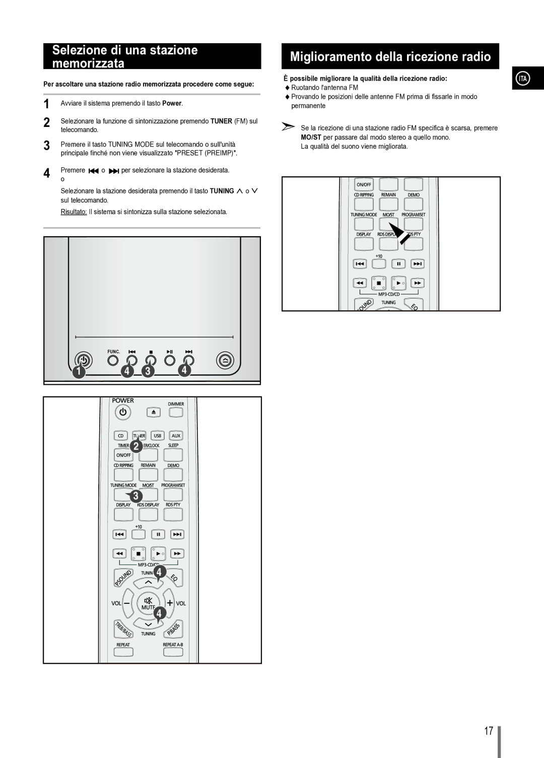 Samsung MM-C330/XEF manual Selezione di una stazione memorizzata, Miglioramento della ricezione radio 