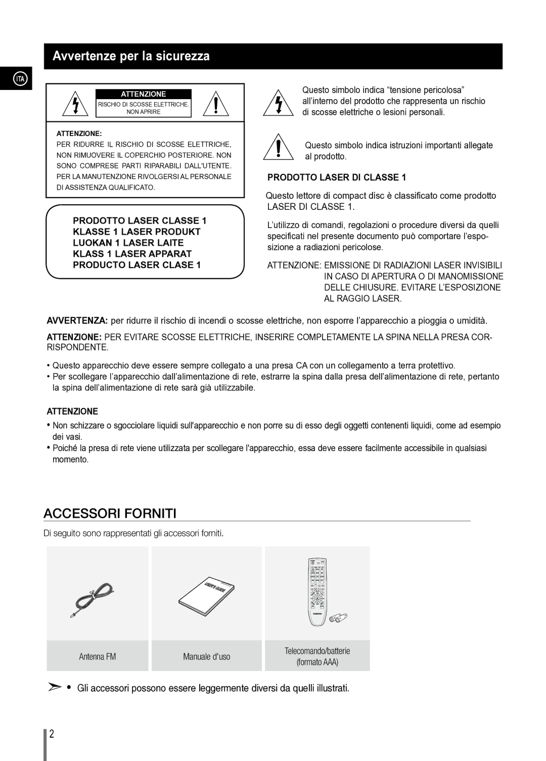 Samsung MM-C330/XEF manual Avvertenze per la sicurezza, ITA Attenzione 