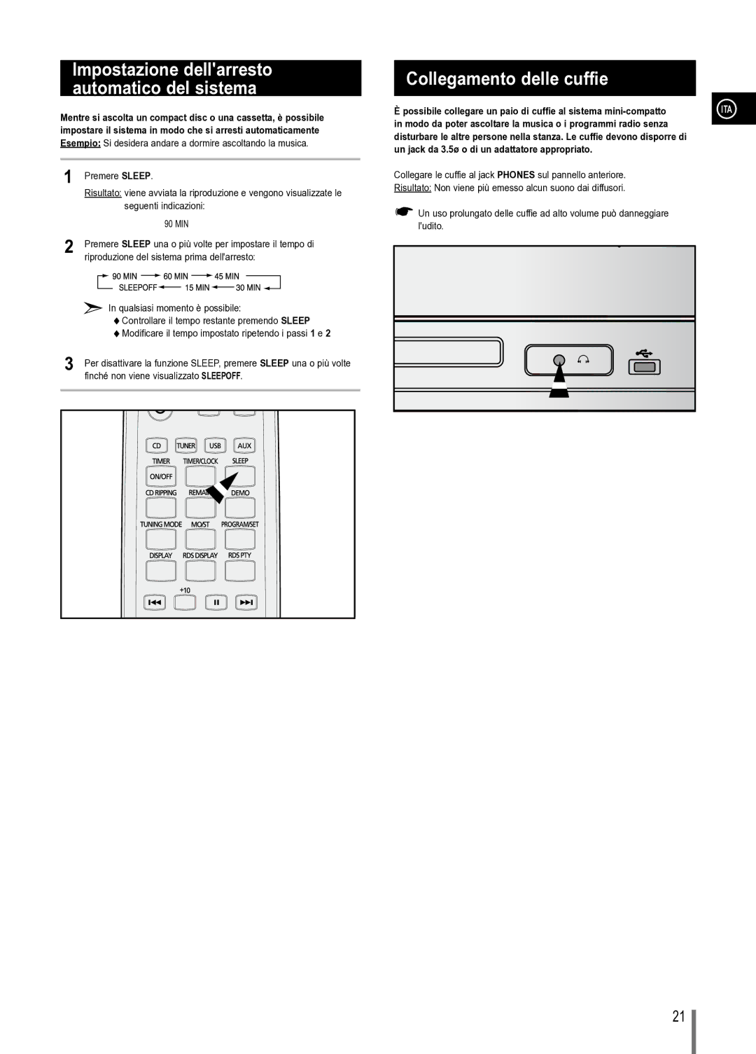 Samsung MM-C330/XEF manual Collegamento delle cuffie, Modo da poter ascoltare la musica o i programmi radio senza 