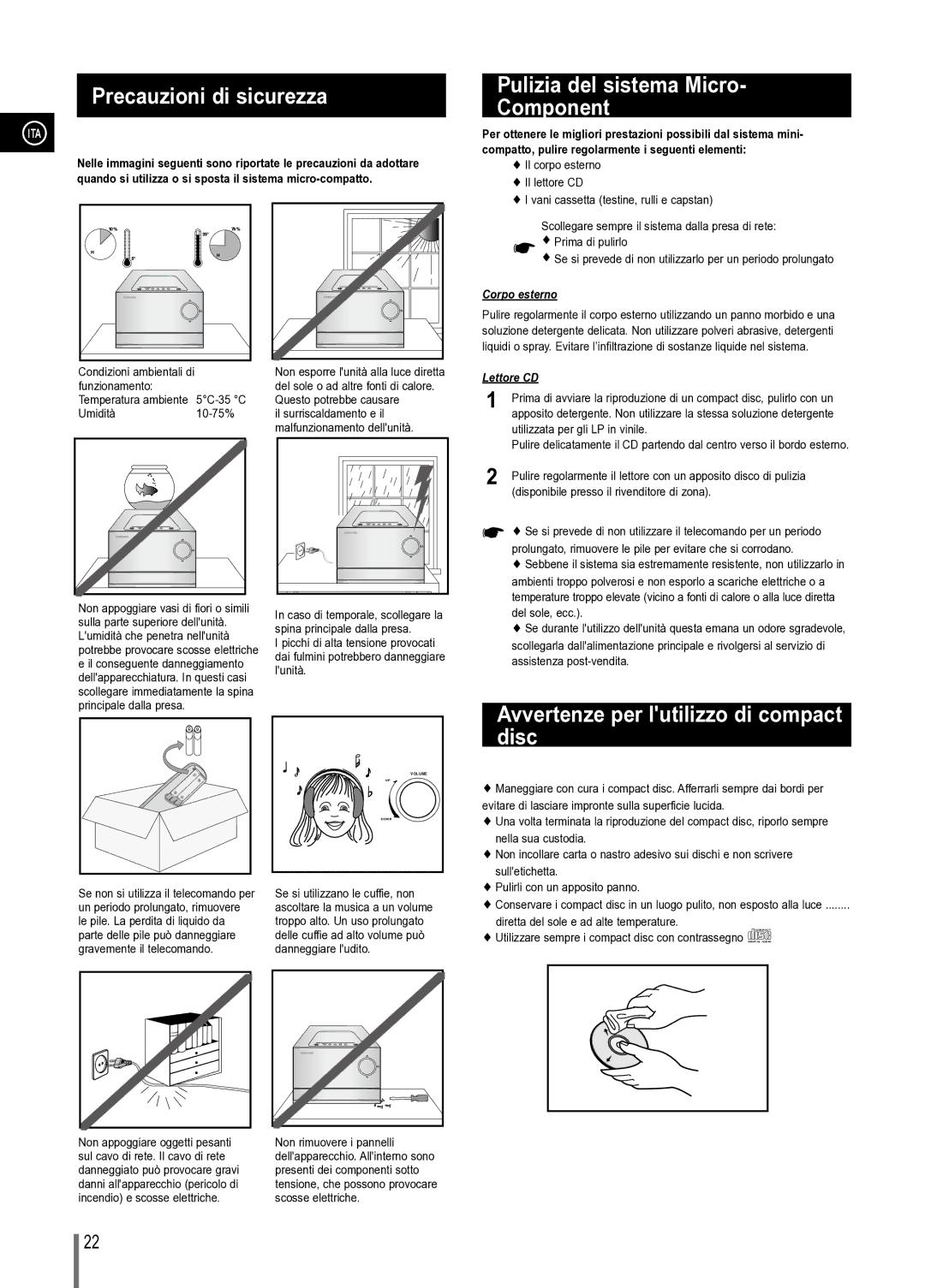 Samsung MM-C330/XEF manual Precauzioni di sicurezza, Pulizia del sistema Micro Component 