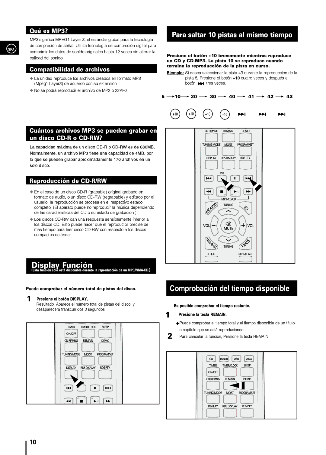 Samsung MM-C330/XEF manual Display Función, Comprobación del tiempo disponible, Para saltar 10 pistas al mismo tiempo 