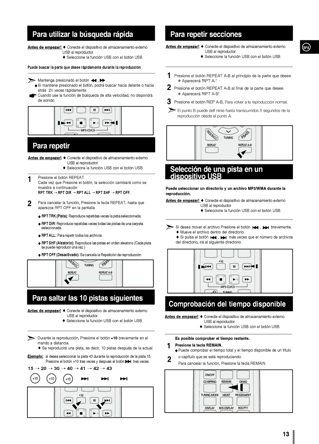 Samsung MM-C330/XEF manual Para utilizar la búsqueda rápida, Para repetir secciones, Para saltar las 10 pistas siguientes 