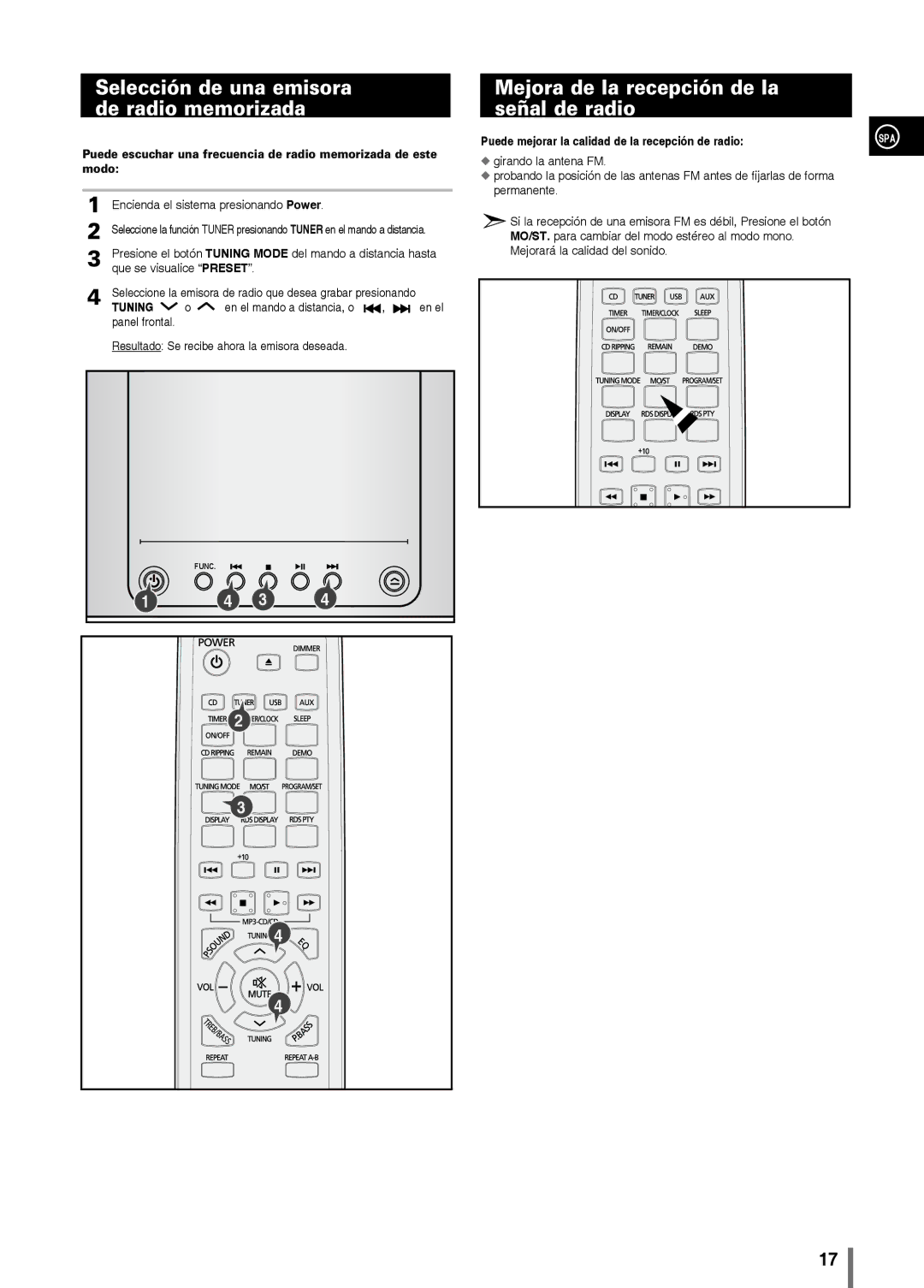 Samsung MM-C330/XEF manual Selección de una emisora de radio memorizada, Mejora de la recepción de la señal de radio 