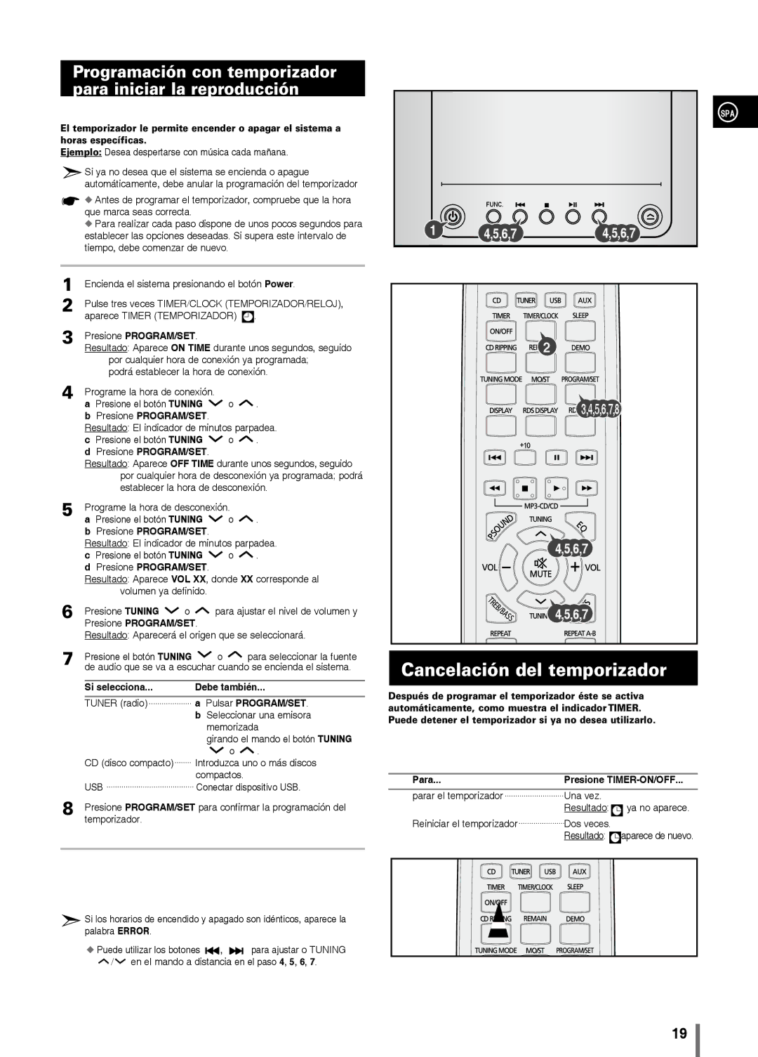 Samsung MM-C330/XEF manual Cancelación del temporizador, Programación con temporizador para iniciar la reproducción 