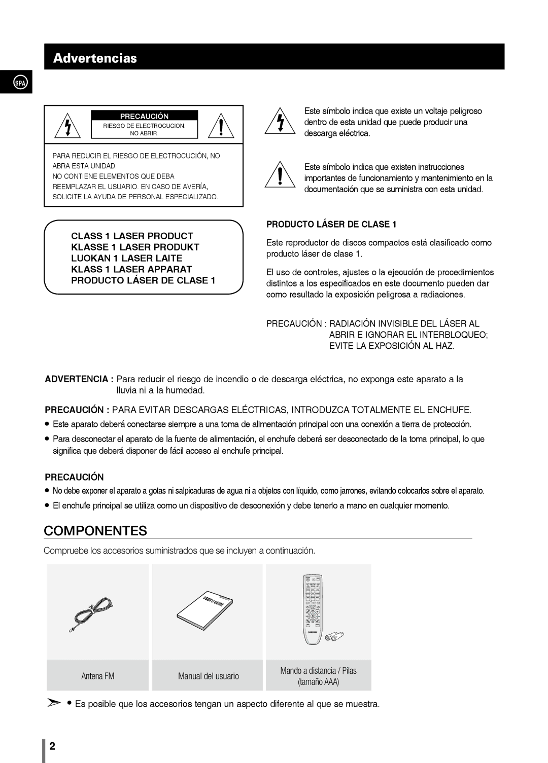 Samsung MM-C330/XEF manual Advertencias, SPA Precaución 