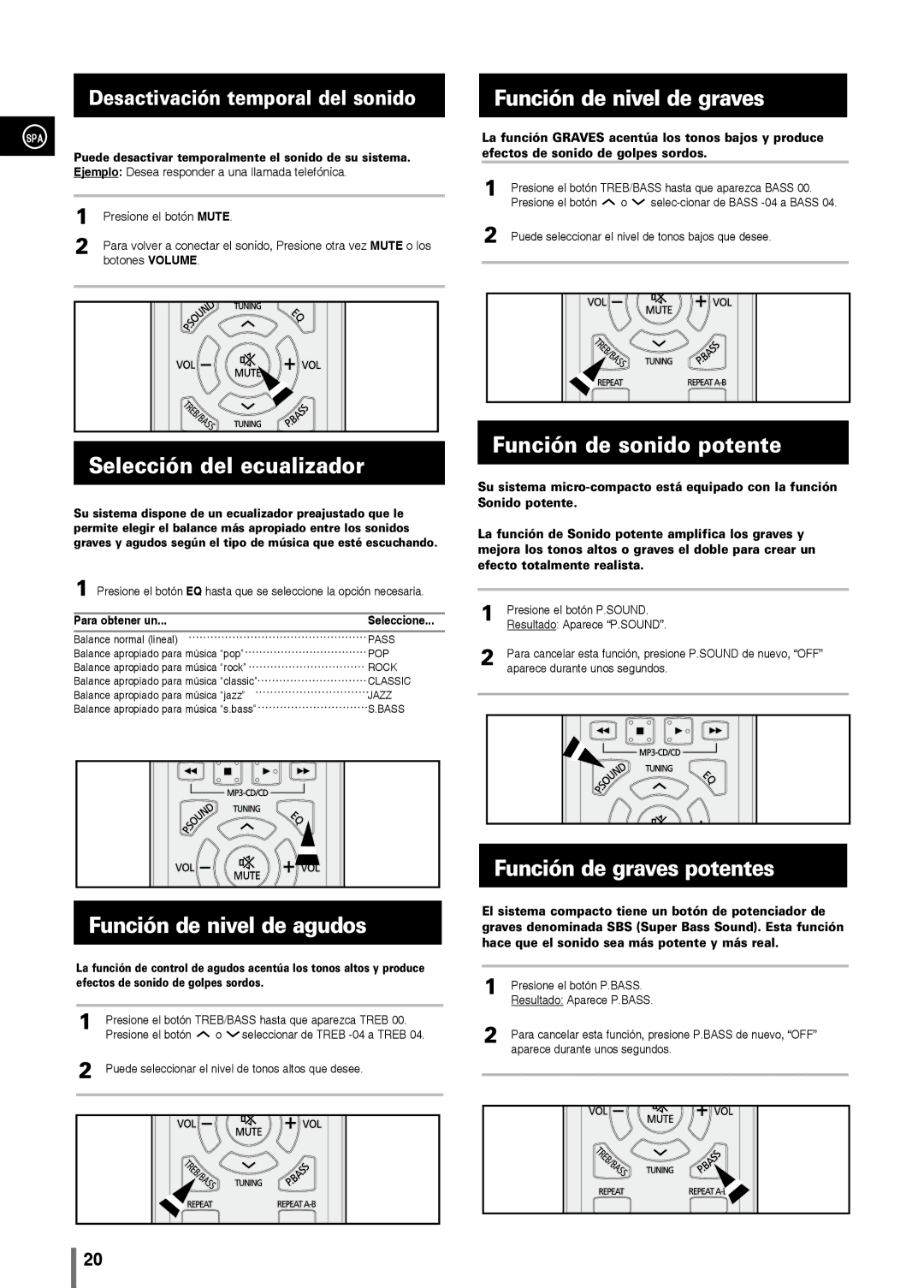 Samsung MM-C330/XEF manual Selección del ecualizador, Función de nivel de agudos, Función de nivel de graves 