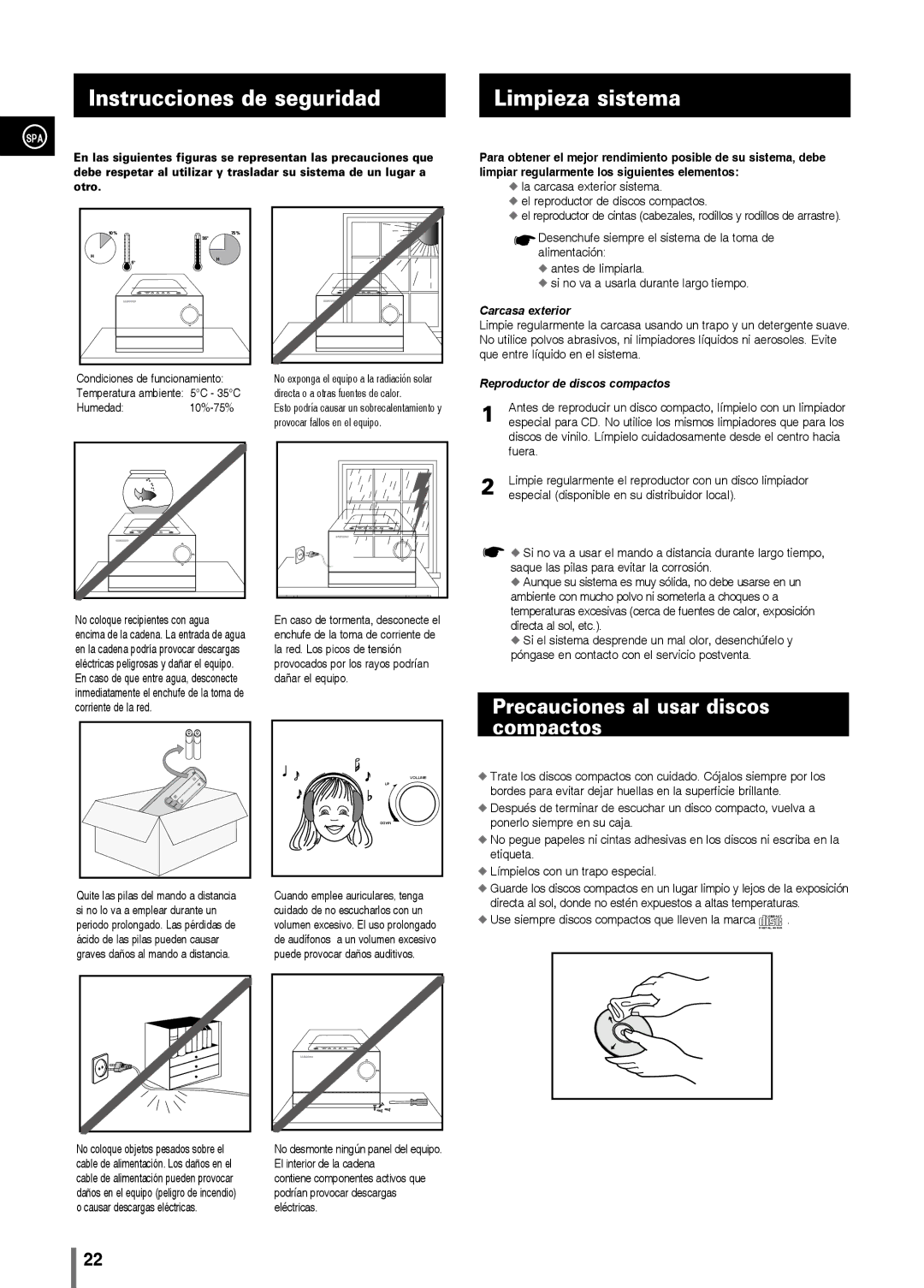 Samsung MM-C330/XEF manual Instrucciones de seguridad Limpieza sistema, Precauciones al usar discos compactos 