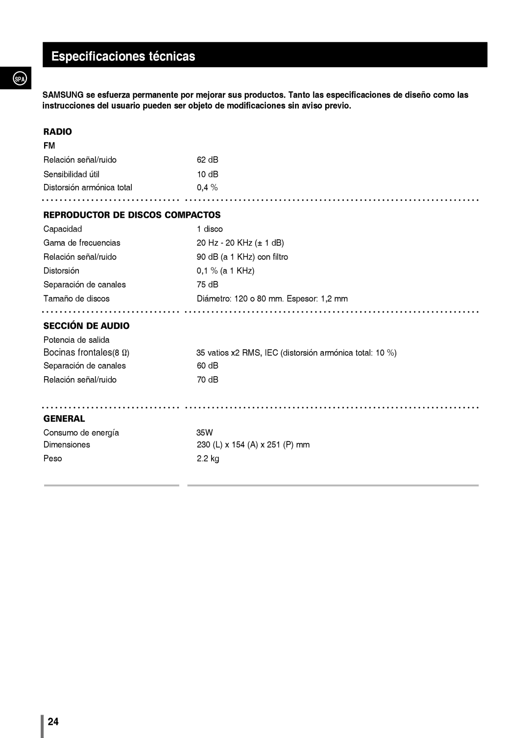 Samsung MM-C330/XEF manual Especificaciones técnicas, Reproductor de discos compactos 