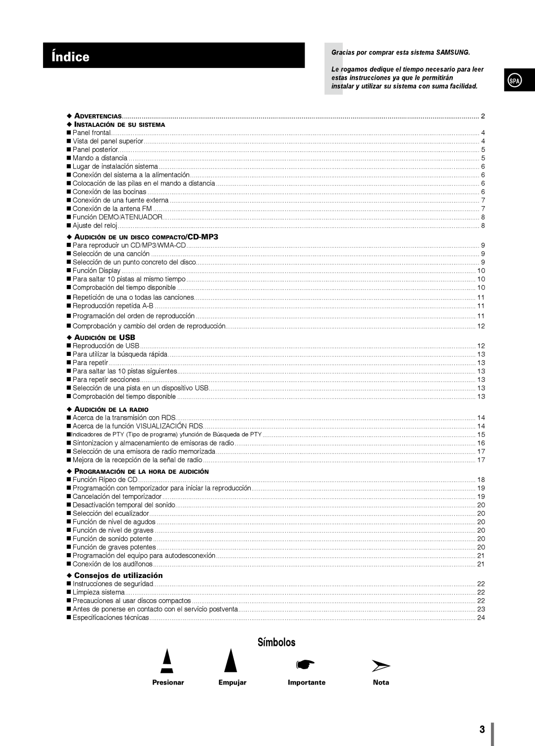 Samsung MM-C330/XEF manual Índice, Presionar Empujar Importante Nota 