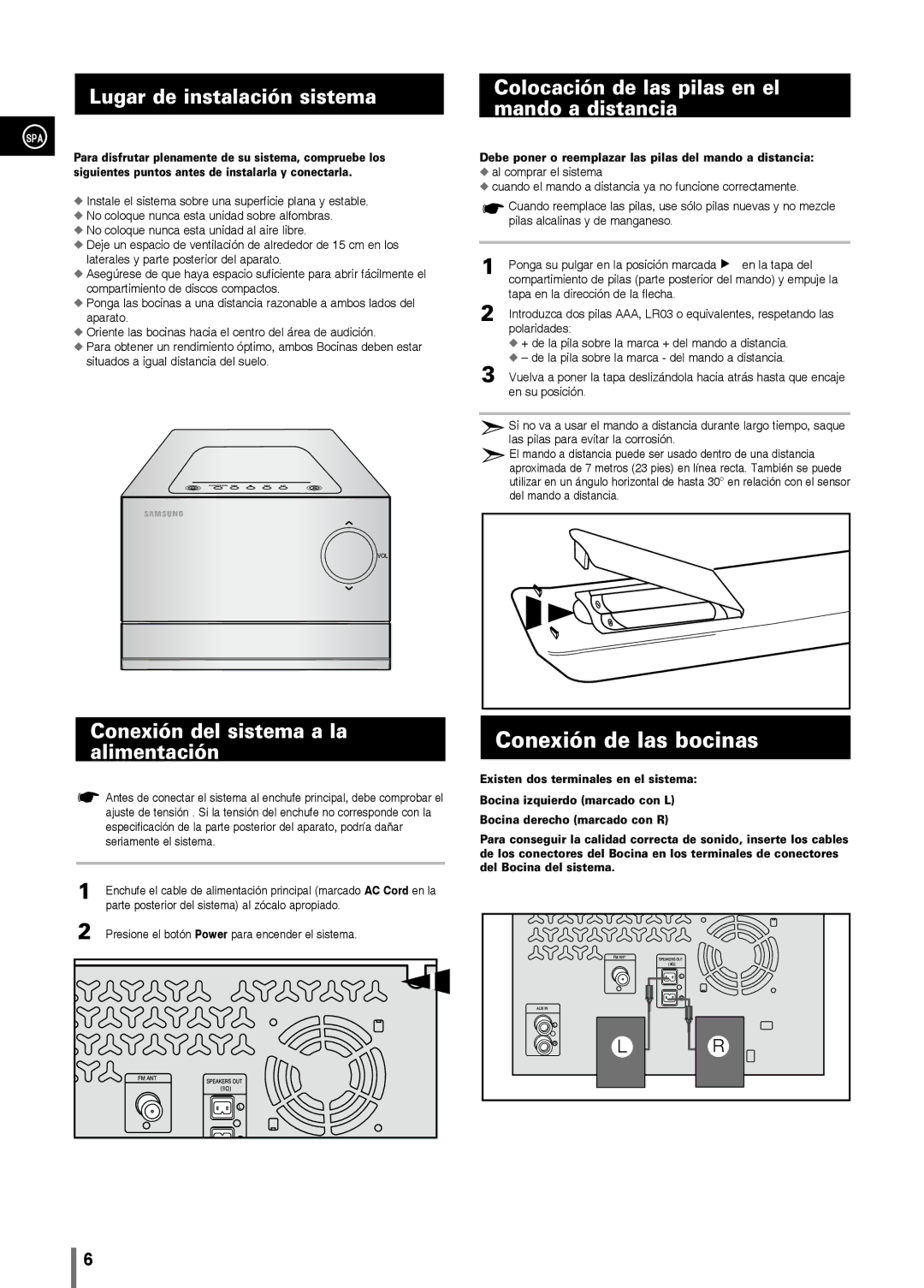 Samsung MM-C330/XEF manual Conexión de las bocinas, Lugar de instalación sistema, Conexión del sistema a la alimentación 