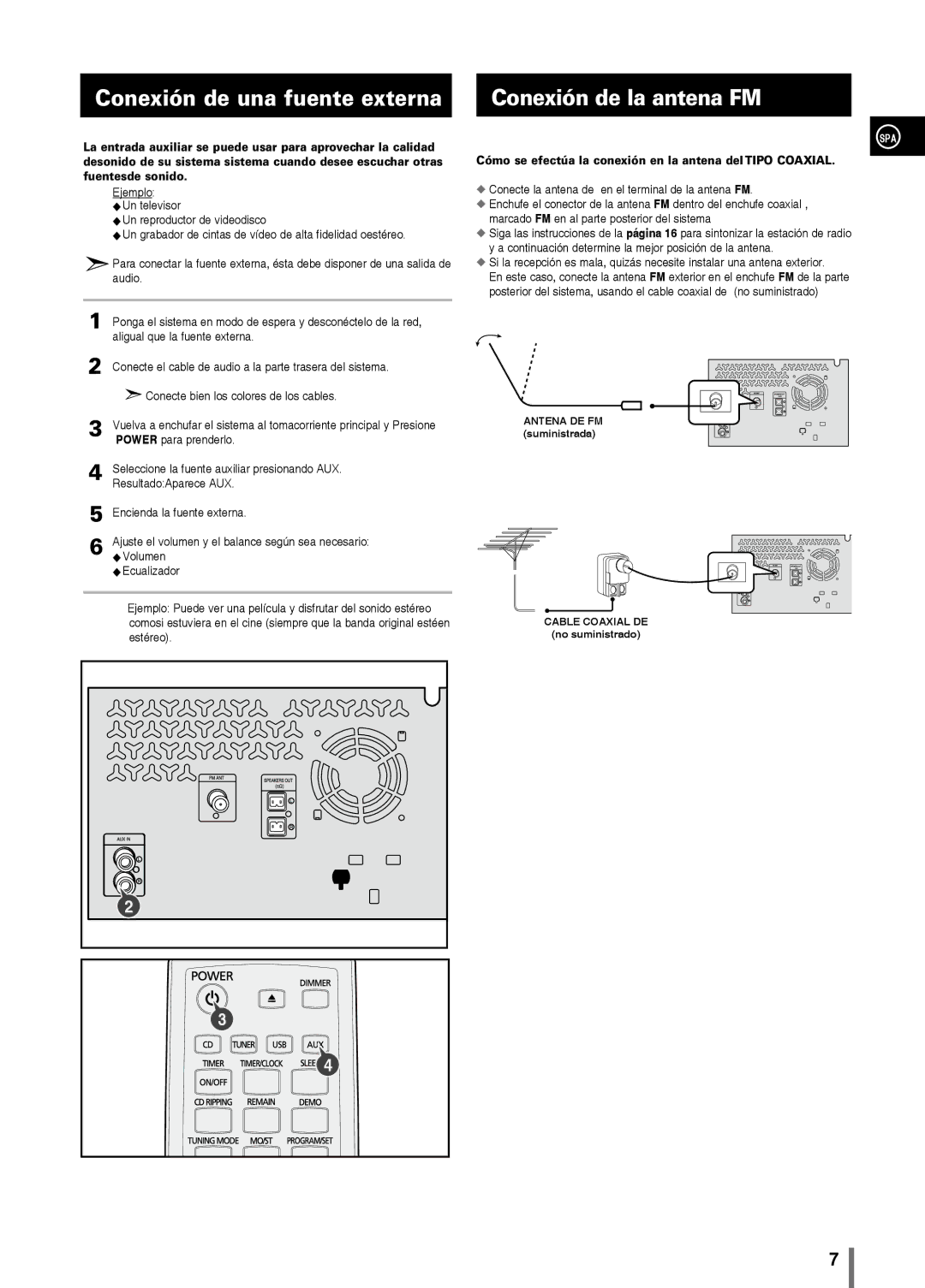 Samsung MM-C330/XEF manual Conexión de una fuente externa, Conexión de la antena FM 