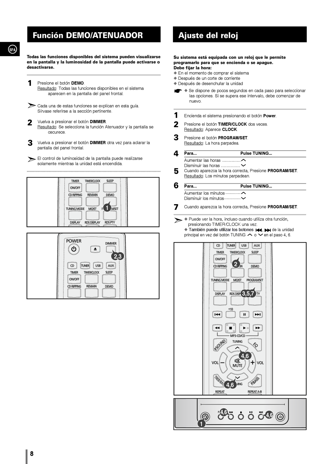 Samsung MM-C330/XEF manual Función DEMO/ATENUADOR Ajuste del reloj, Para 