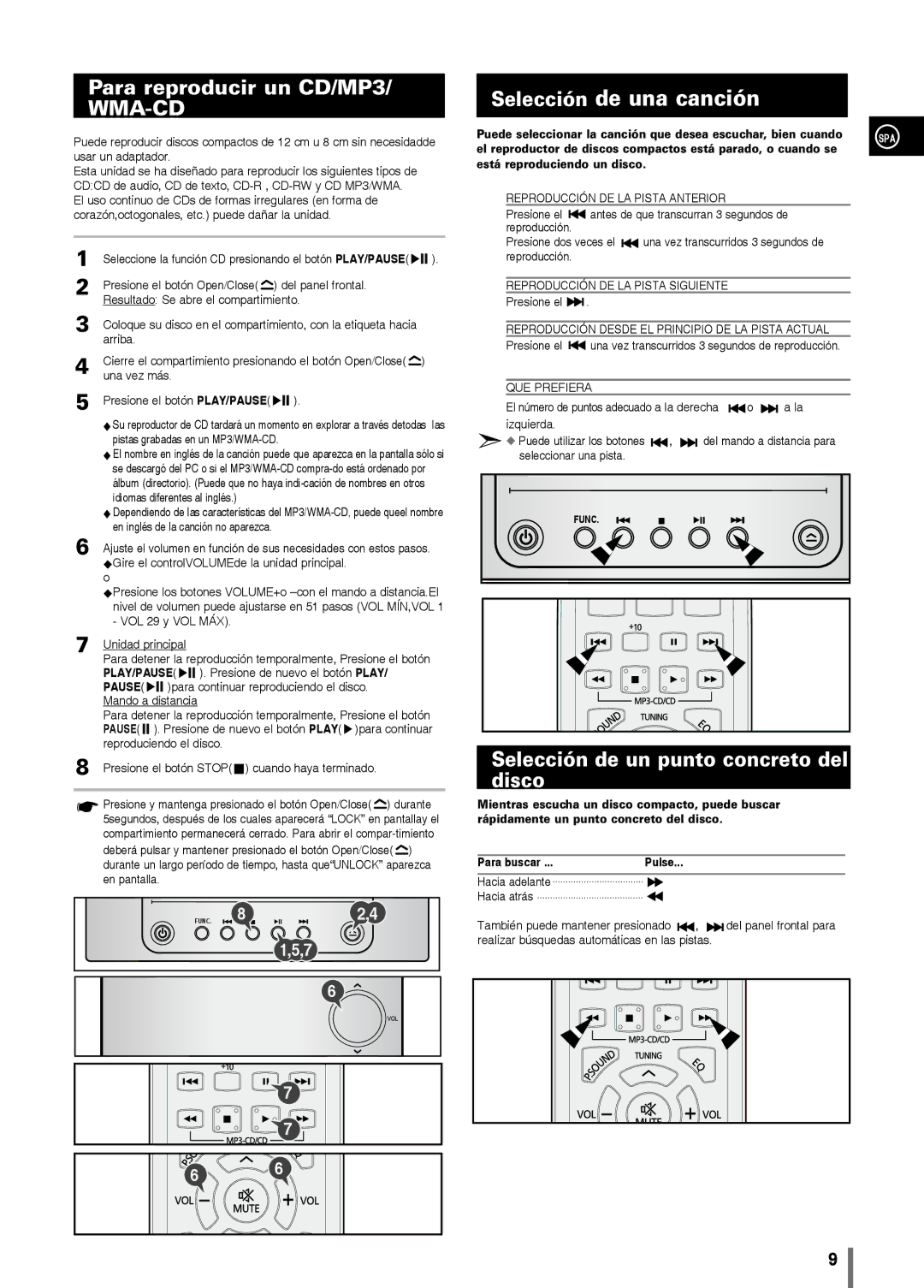 Samsung MM-C330/XEF manual Selección de una canción, Para reproducir un CD/MP3, Selección de un punto concreto del disco 