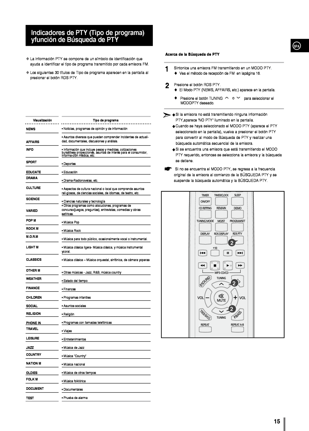 Samsung MM-C330/XEF manual Indicadores de PTY Tipo de programa yfunción de Búsqueda de PTY, Acerca de la Búsqueda de PTY 