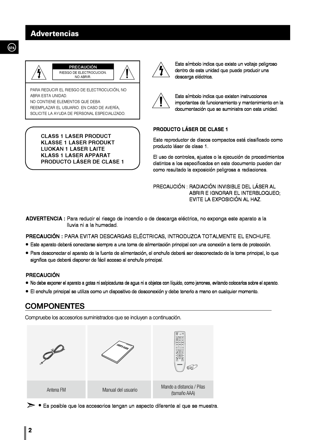 Samsung MM-C330/XEF manual Advertencias, producto láser de clase, Precaución, Componentes 