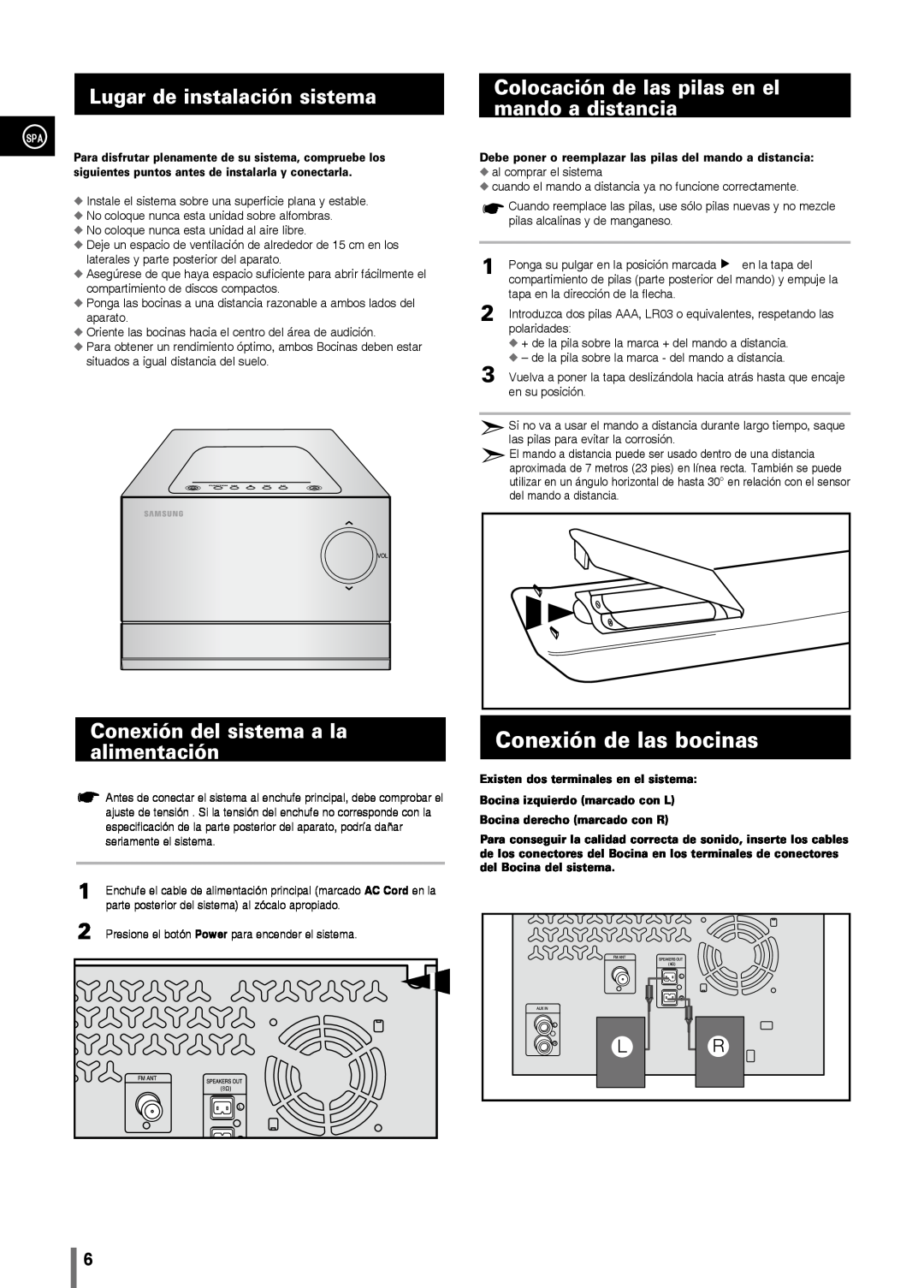 Samsung MM-C330/XEF manual Conexión de las bocinas, Lugar de instalación sistema, Conexión del sistema a la alimentación 